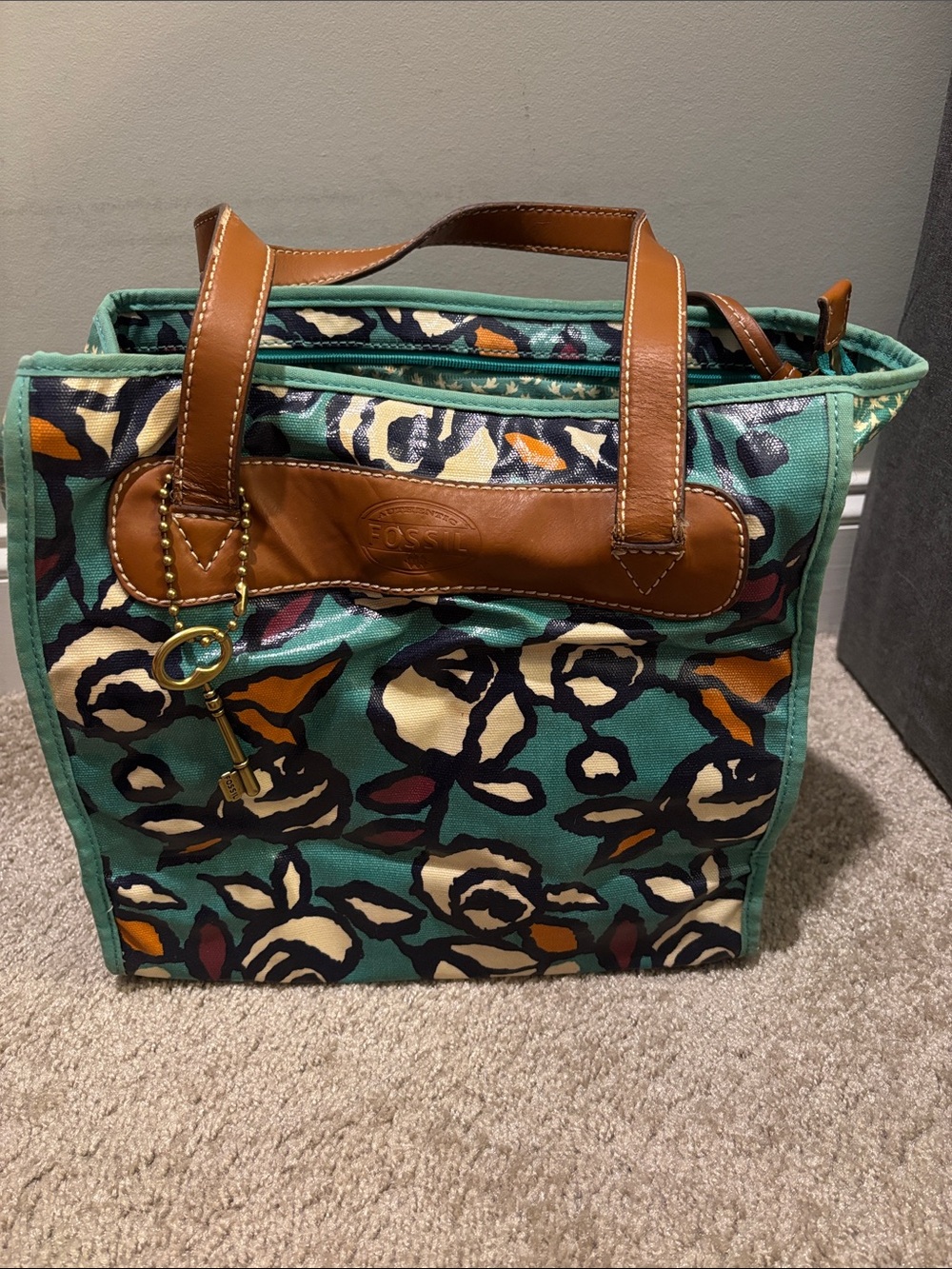 Fossil Teal Floral Canvas Tote with Brown Leather Handles